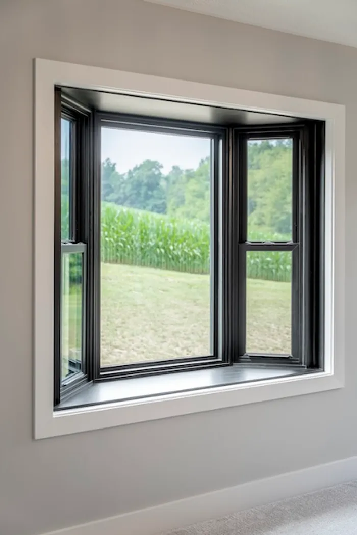 Interior view of a black bay window overlooking a cornfield